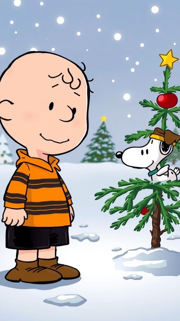 Charlie Brown Christmas Quotes Charlie Brown with his small Christmas tree in a snowy scene from
